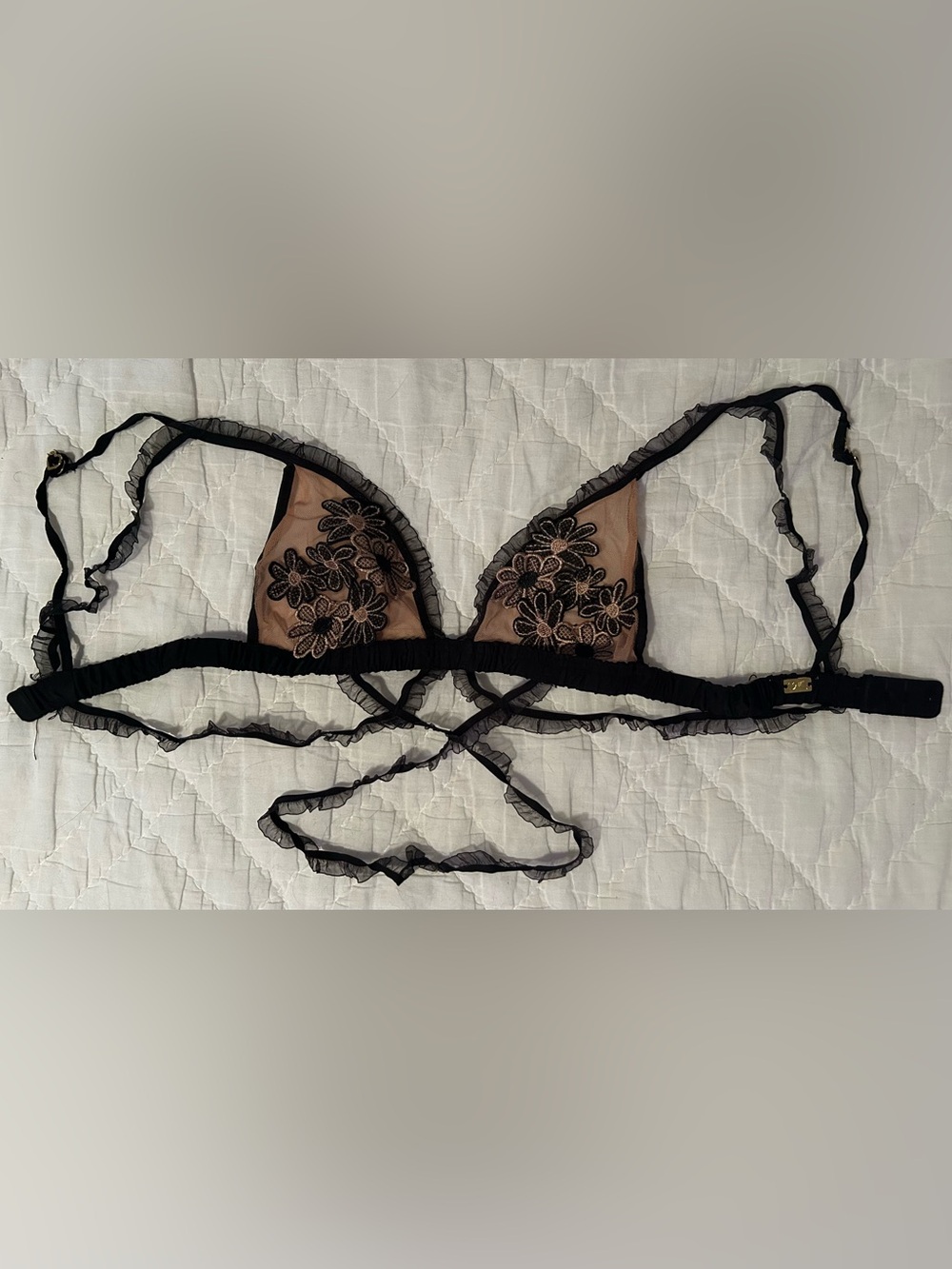 For Love and Lemons Sheer Black Floral Embroidered Mesh Bralette